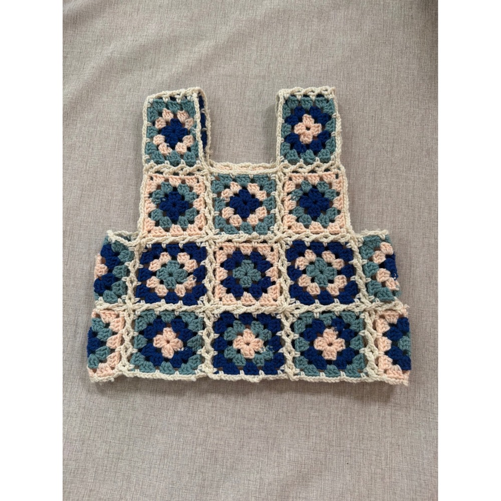 Handmade Crochet Granny Square Crop Top Blue Teal Peach Boho Festival Tank M/L